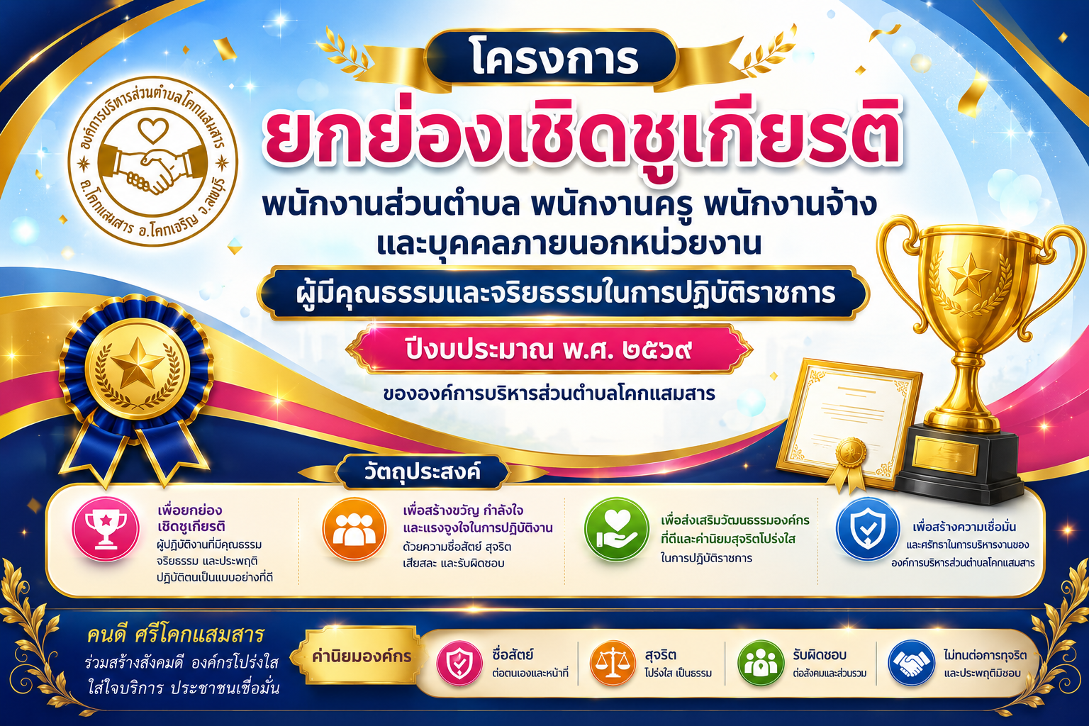 โครงการยกย่องเชิดชูเกียรติ พนักงานส่วนตำบล พนักงานครู อบต. พนักงานจ้างและบุคคลภายนอก ผู้มีคุณธรรมและจริยธรรมในการปฏิบัติราชการ ประจำปีงบประมาณ      พ.ศ. 2569